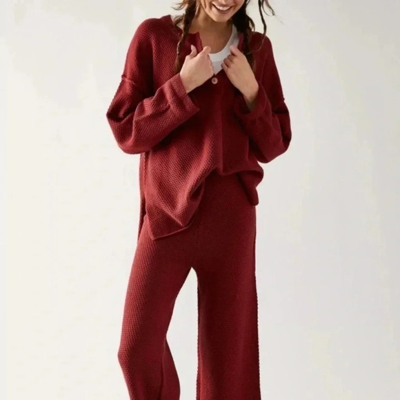NWT Free People Hailee Sweater Set Two Piece Matching Pants in Red FP Beach - Picture 1 of 12
